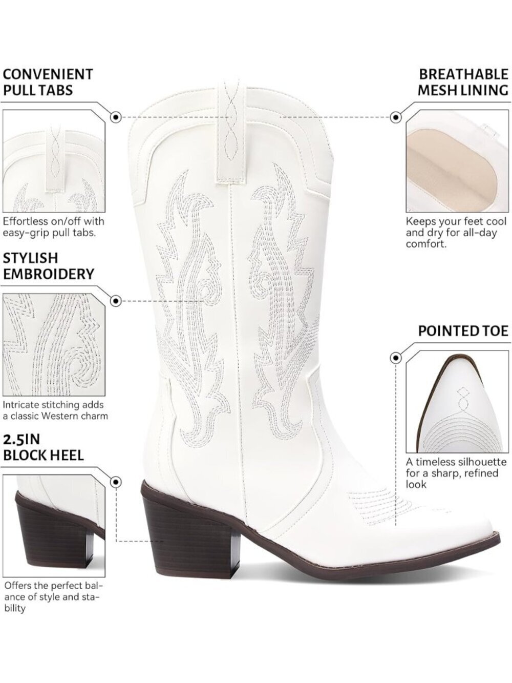 Women's White Cowboy Boots Pointed Toe Western Boots Embroidered Mid Calf Boots - Picture 3 of 7